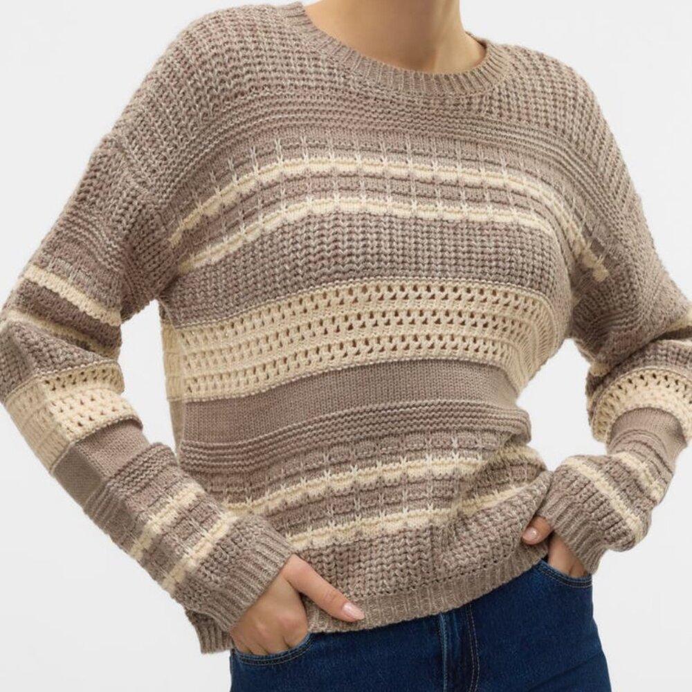 Women's Lola Stripe Sweater Textured Mixed Knit Pullover Size L NWT